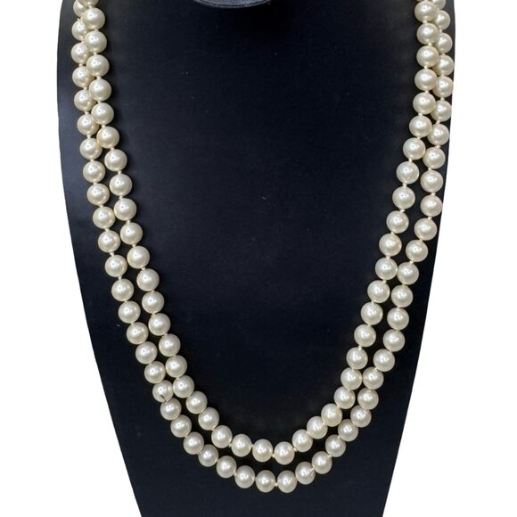 Vintage Marvella Double Strand Faux Pearl Necklace Fancy Flower Rhinestone Clasp - Picture 2 of 9
